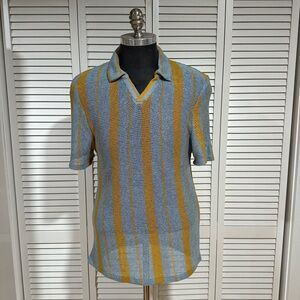 Striped Knit Polo Shirt in Blue and Mustard